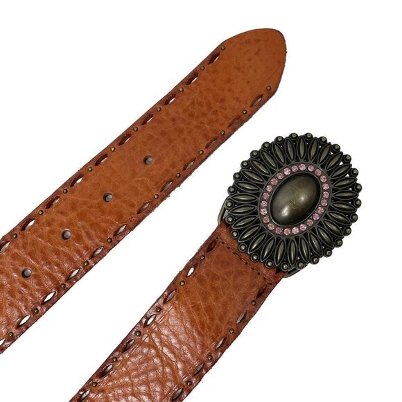 Fossil boho leather Studded Distressed Western Belt Rhinestone Brass Buckle Sz S - Picture 4 of 8